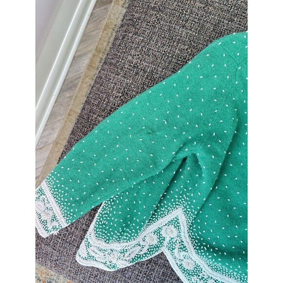 DOREEN LOK Vintage 60s Green Wool White Beads 3/4 Sleeves Cardigan Sweater 36/4 - Picture 12 of 13